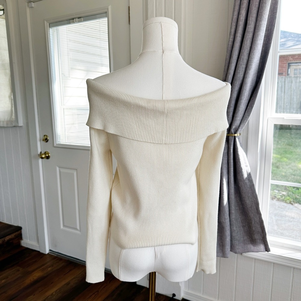 The Frolic Women Off Shoulder Sweater‎ 10 Cream Ribbed Knit Quiet Luxury Chic - Picture 2 of 5